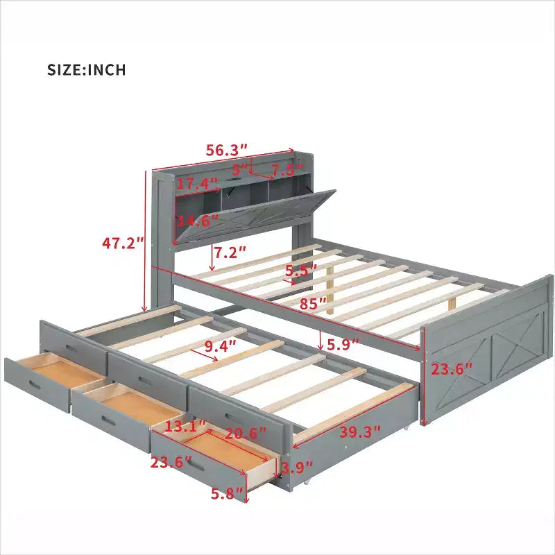 Struttura letto a piattaforma in legno Twin/Full Size con testiera portaoggetti e prese di corrente, letto estraibile Twin Size e 3 cassetti portaoggetti - ModernLuxe