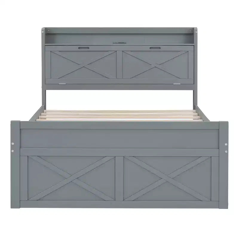 Struttura letto a piattaforma in legno Twin/Full Size con testiera portaoggetti e prese di corrente, letto estraibile Twin Size e 3 cassetti portaoggetti - ModernLuxe