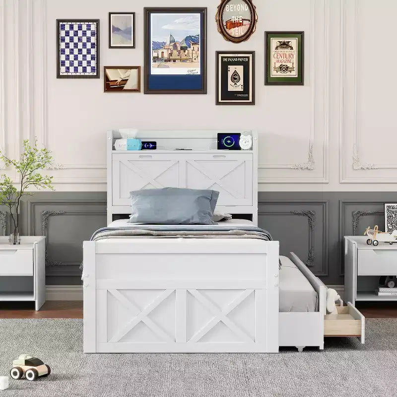 Struttura letto a piattaforma in legno Twin/Full Size con testiera portaoggetti e prese di corrente, letto estraibile Twin Size e 3 cassetti portaoggetti - ModernLuxe