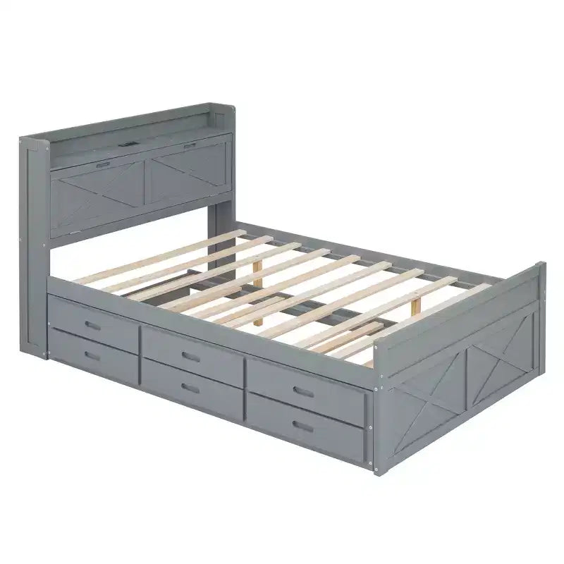 Struttura letto a piattaforma in legno Twin/Full Size con testiera portaoggetti e prese di corrente, letto estraibile Twin Size e 3 cassetti portaoggetti - ModernLuxe