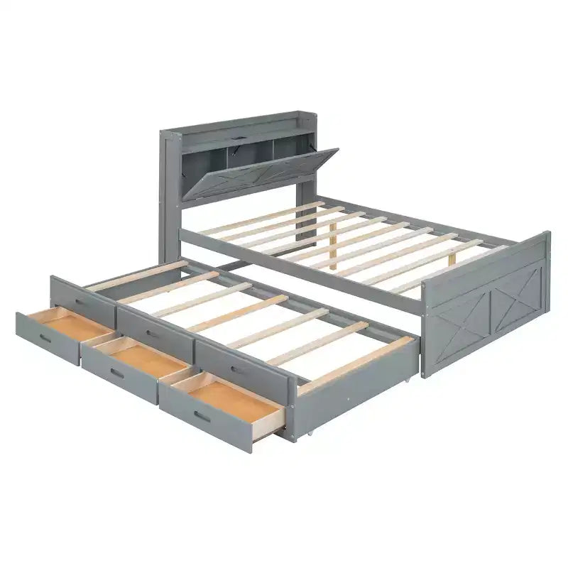 Struttura letto a piattaforma in legno Twin/Full Size con testiera portaoggetti e prese di corrente, letto estraibile Twin Size e 3 cassetti portaoggetti - ModernLuxe
