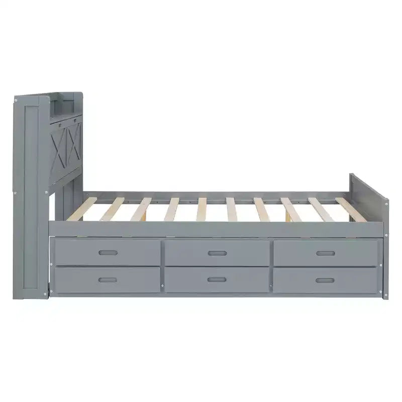 Struttura letto a piattaforma in legno Twin/Full Size con testiera portaoggetti e prese di corrente, letto estraibile Twin Size e 3 cassetti portaoggetti - ModernLuxe