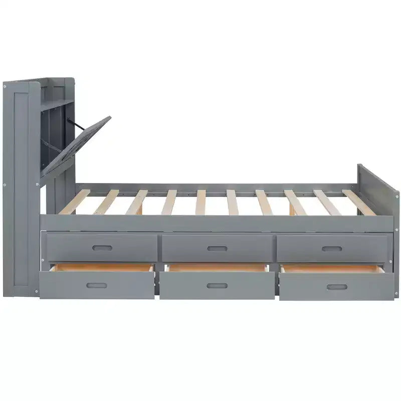 Struttura letto a piattaforma in legno Twin/Full Size con testiera portaoggetti e prese di corrente, letto estraibile Twin Size e 3 cassetti portaoggetti - ModernLuxe