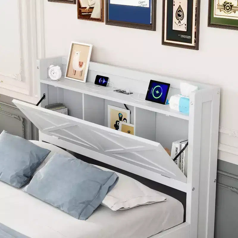 Struttura letto a piattaforma in legno Twin/Full Size con testiera portaoggetti e prese di corrente, letto estraibile Twin Size e 3 cassetti portaoggetti - ModernLuxe