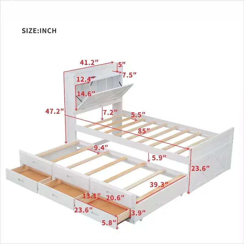 Struttura letto a piattaforma in legno Twin/Full Size con testiera portaoggetti e prese di corrente, letto estraibile Twin Size e 3 cassetti portaoggetti - ModernLuxe