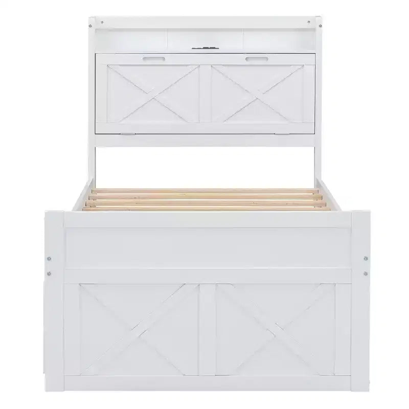 Struttura letto a piattaforma in legno Twin/Full Size con testiera portaoggetti e prese di corrente, letto estraibile Twin Size e 3 cassetti portaoggetti - ModernLuxe