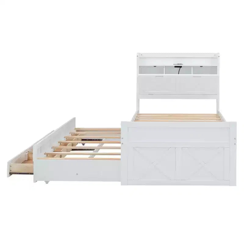 Struttura letto a piattaforma in legno Twin/Full Size con testiera portaoggetti e prese di corrente, letto estraibile Twin Size e 3 cassetti portaoggetti - ModernLuxe