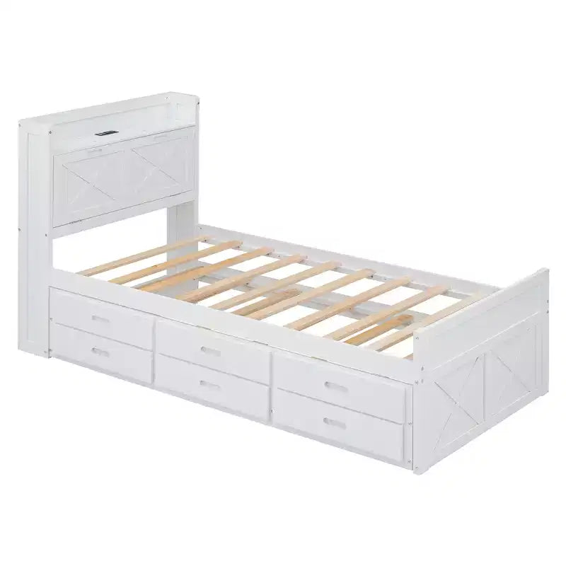 Struttura letto a piattaforma in legno Twin/Full Size con testiera portaoggetti e prese di corrente, letto estraibile Twin Size e 3 cassetti portaoggetti - ModernLuxe