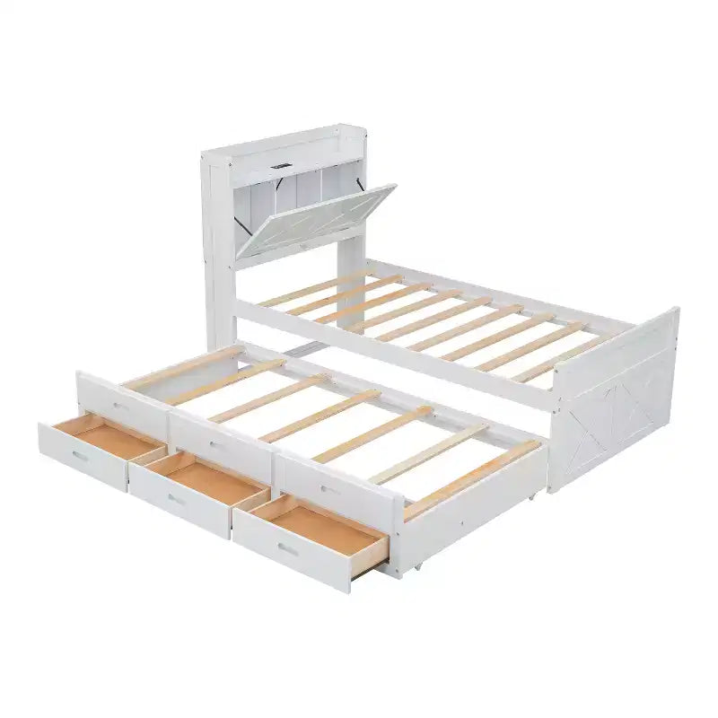 Struttura letto a piattaforma in legno Twin/Full Size con testiera portaoggetti e prese di corrente, letto estraibile Twin Size e 3 cassetti portaoggetti - ModernLuxe