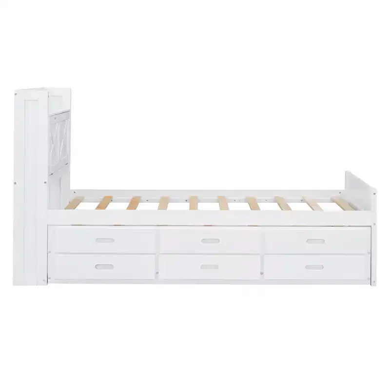 Struttura letto a piattaforma in legno Twin/Full Size con testiera portaoggetti e prese di corrente, letto estraibile Twin Size e 3 cassetti portaoggetti - ModernLuxe