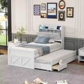 Twin/Full Size Wooden Platform Bed Frame with Storage Headboard & Outlets, Twin Size Trundle & 3 Storage Drawers - ModernLuxe