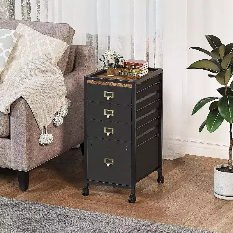 Acekool Mobile Filing Cabinet, Black Under Desk File Cabinet with Lockable Wheels, Metal Office Storage Organizer for Home Office, Workplace