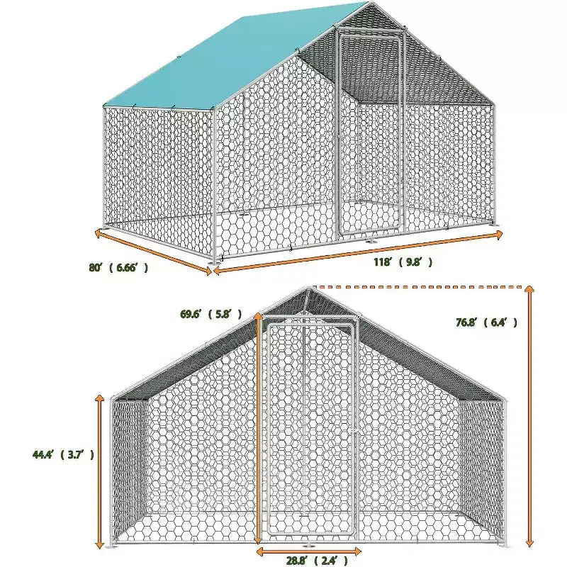 Dyonery Chicken Coop Run with Immersed Wire Mesh , Metal Chicken Run in for Yard with Waterproof Cover and Secure Lock