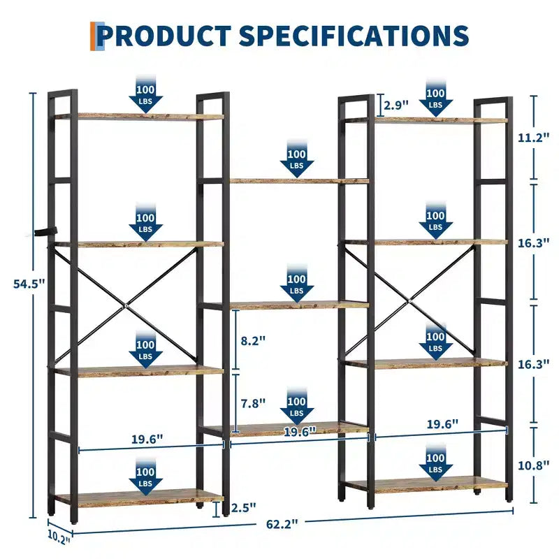 Libreria a 4 Ripiani, Scaffale Industriale - Ripiani in Legno Regolabili e Struttura in Metallo Resistente, Capacità 45 kg, Organizzatore Ampio