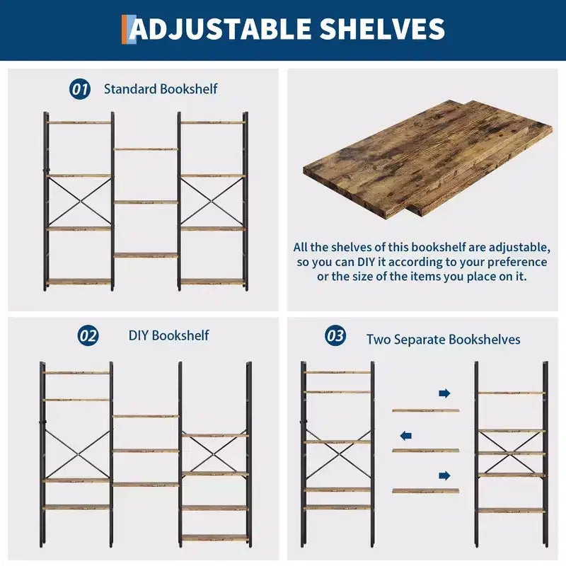 Libreria a 4 Ripiani, Scaffale Industriale - Ripiani in Legno Regolabili e Struttura in Metallo Resistente, Capacità 45 kg, Organizzatore Ampio