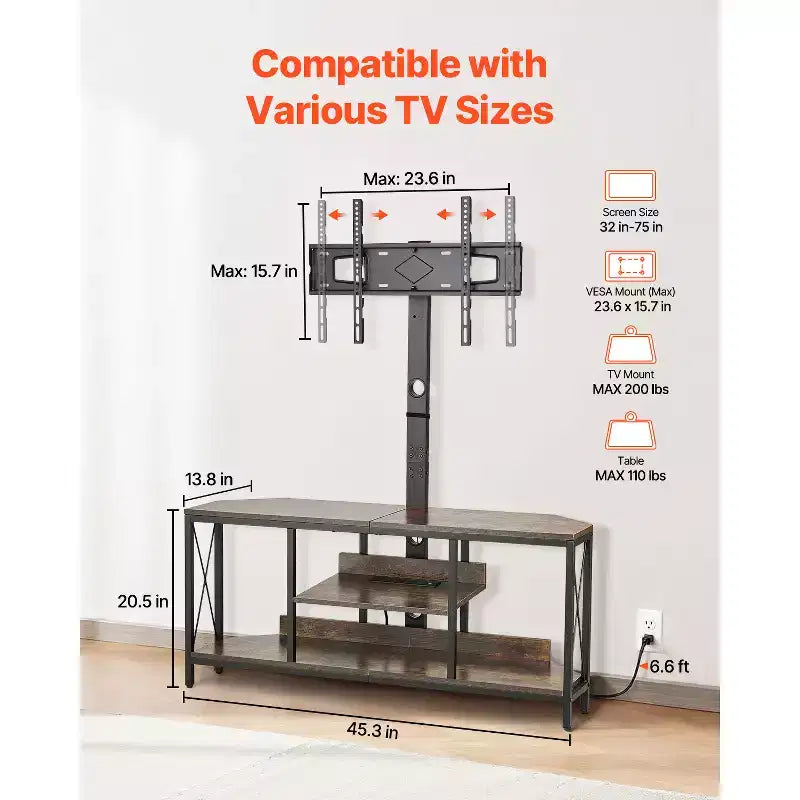 Mobile TV da 45 pollici con supporto per TV fino a 75 pollici, centro di intrattenimento con presa di corrente, console TV regolabile in altezza, marrone