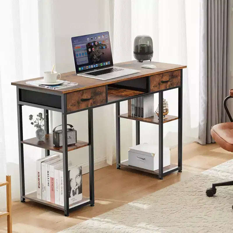 Scrivania per Computer con Ripiani, Piccolo Tavolo da Studio/Ufficio per PC con Borsa Laterale in Tessuto e Gancio per Cuffie, Struttura in Metallo (47.24 x 15.75 x 30.59)