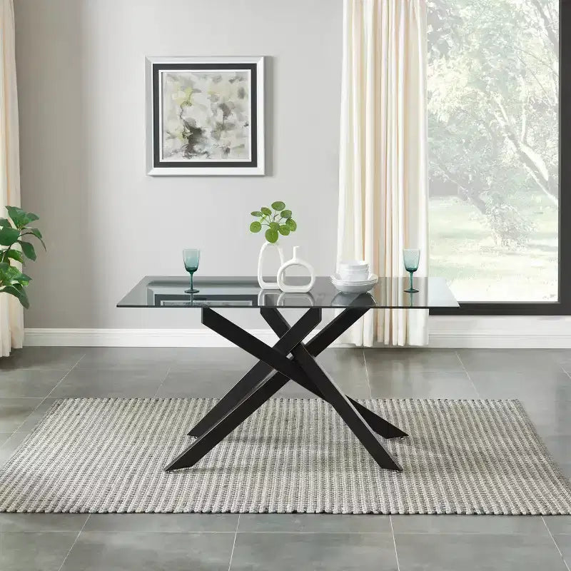 Probe Hues 58.4 Inch Dinning Table with Glass Top and Steel Legs