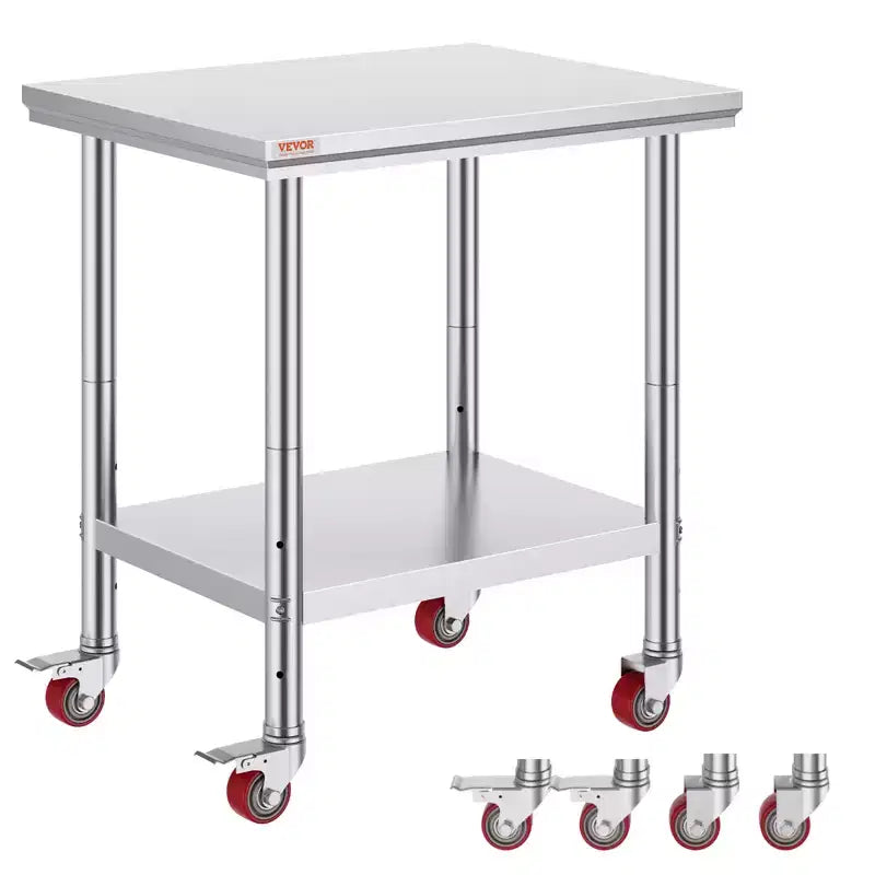 VEVOR Stainless Steel Work Table 30 x 24 x 33 Inch, 700 LBS Load Capacity with 4 Wheels, 3 Adjustable Height Levels, Silver