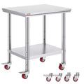 VEVOR Stainless Steel Work Table 30 x 24 x 33 Inch, 700 LBS Load Capacity with 4 Wheels, 3 Adjustable Height Levels, Silver
