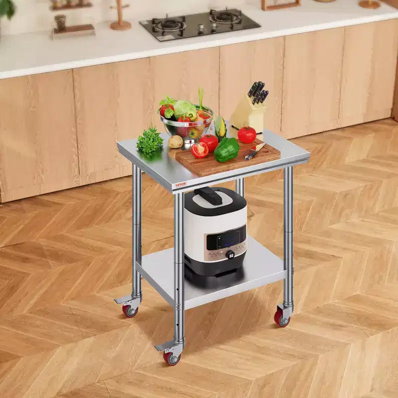 VEVOR Tavolo da Lavoro in Acciaio Inox 76 x 61 x 84 cm, 317 kg di Capacità di Carico con 4 Ruote, 3 Livelli di Altezza Regolabili, Argento