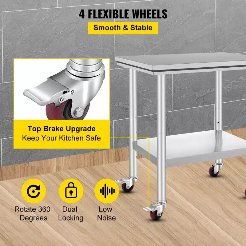 VEVOR Tavolo da Lavoro in Acciaio Inox 76 x 61 x 84 cm, 317 kg di Capacità di Carico con 4 Ruote, 3 Livelli di Altezza Regolabili, Argento