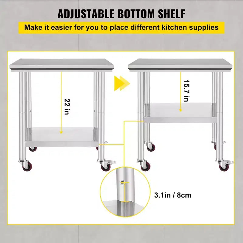 VEVOR Tavolo da Lavoro in Acciaio Inox 76 x 61 x 84 cm, 317 kg di Capacità di Carico con 4 Ruote, 3 Livelli di Altezza Regolabili, Argento