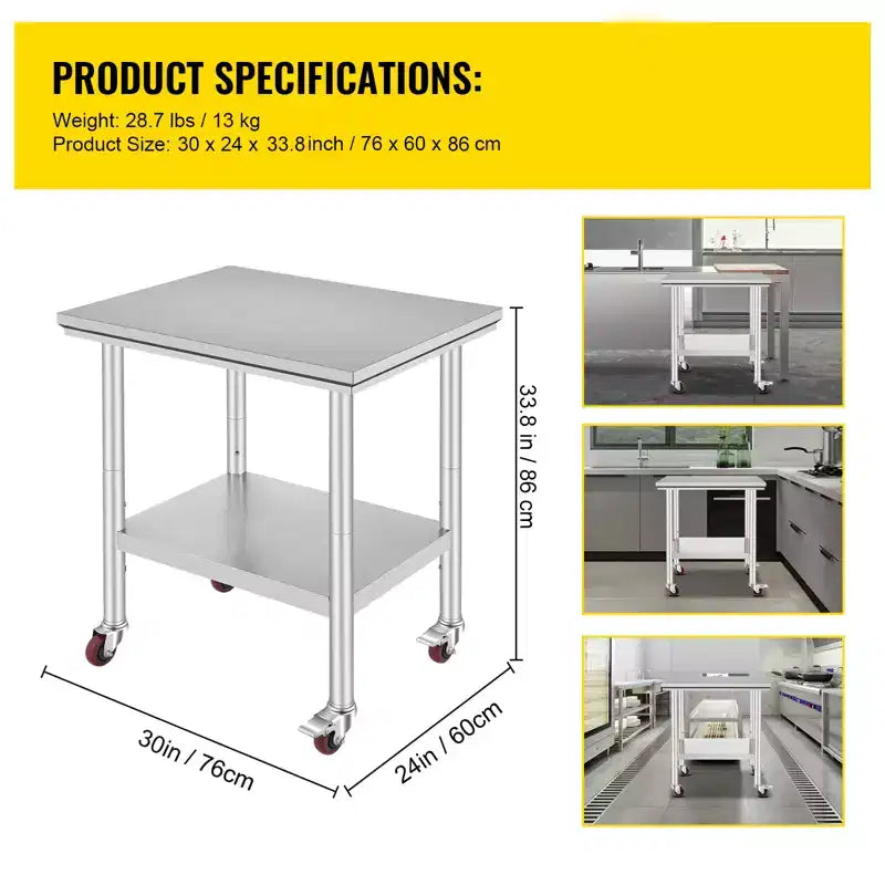 VEVOR Tavolo da Lavoro in Acciaio Inox 76 x 61 x 84 cm, 317 kg di Capacità di Carico con 4 Ruote, 3 Livelli di Altezza Regolabili, Argento