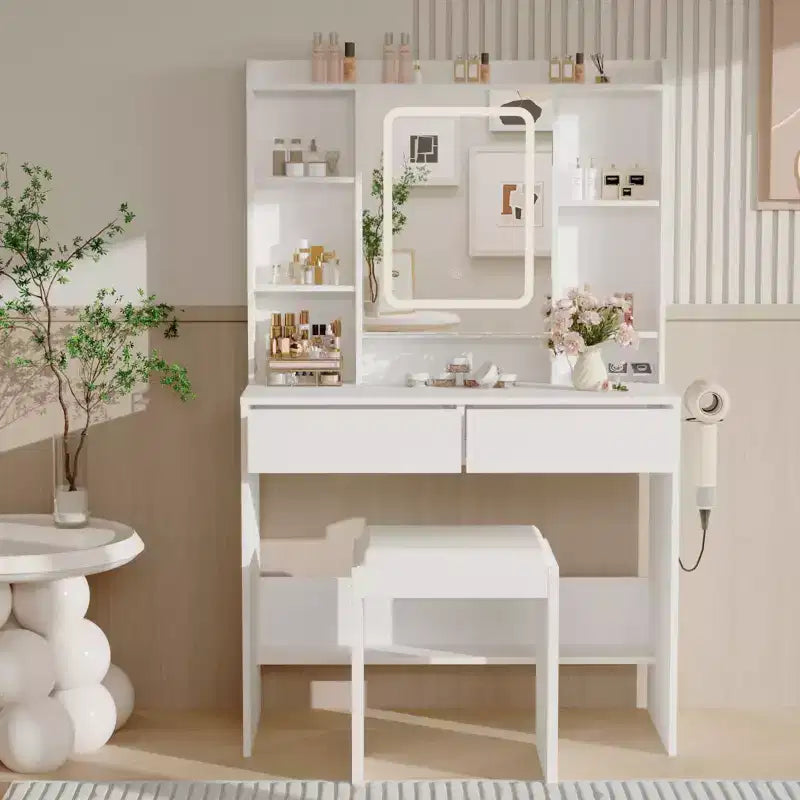 Toeletta con Specchio, Scrivania Trucco con Sgabello Imbottito, Tavolo da Trucco con Cassetti Portaoggetti, Porta Asciugacapelli, Set Toeletta per Camera da Letto