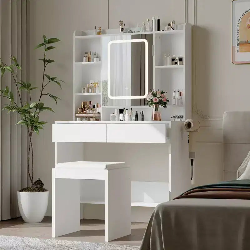 Toeletta con Specchio, Scrivania Trucco con Sgabello Imbottito, Tavolo da Trucco con Cassetti Portaoggetti, Porta Asciugacapelli, Set Toeletta per Camera da Letto