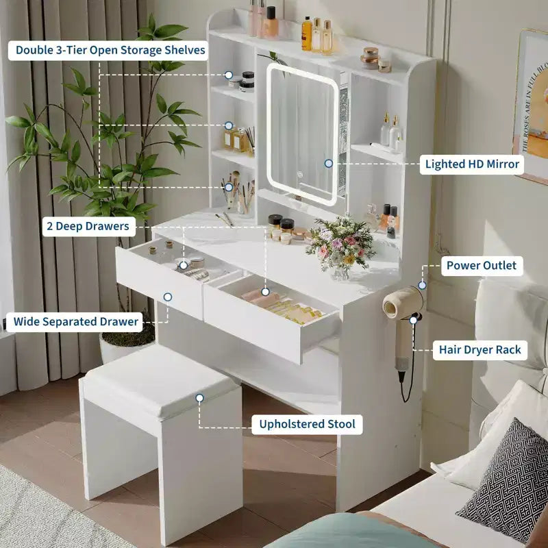 Toeletta con Specchio, Scrivania Trucco con Sgabello Imbottito, Tavolo da Trucco con Cassetti Portaoggetti, Porta Asciugacapelli, Set Toeletta per Camera da Letto