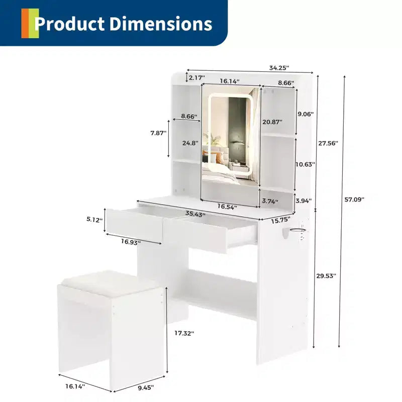Toeletta con Specchio, Scrivania Trucco con Sgabello Imbottito, Tavolo da Trucco con Cassetti Portaoggetti, Porta Asciugacapelli, Set Toeletta per Camera da Letto