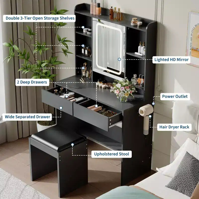 Toeletta con Specchio, Scrivania Trucco con Sgabello Imbottito, Tavolo da Trucco con Cassetti Portaoggetti, Porta Asciugacapelli, Set Toeletta per Camera da Letto