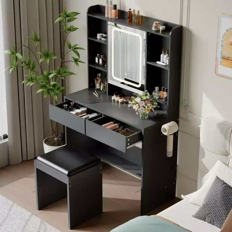 Toeletta con Specchio, Scrivania Trucco con Sgabello Imbottito, Tavolo da Trucco con Cassetti Portaoggetti, Porta Asciugacapelli, Set Toeletta per Camera da Letto