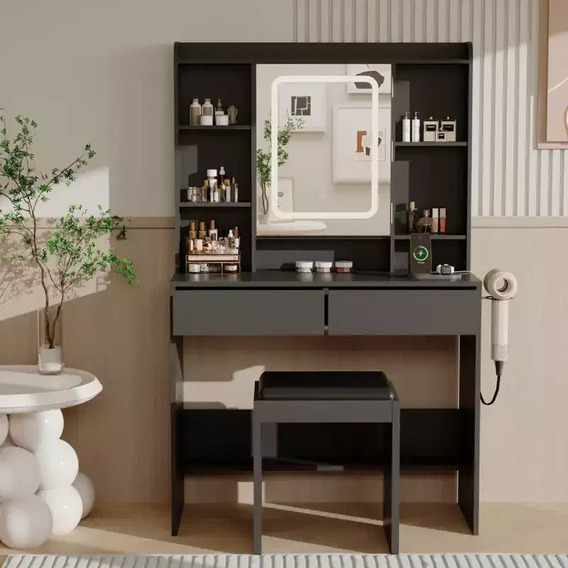 Toeletta con Specchio, Scrivania Trucco con Sgabello Imbottito, Tavolo da Trucco con Cassetti Portaoggetti, Porta Asciugacapelli, Set Toeletta per Camera da Letto