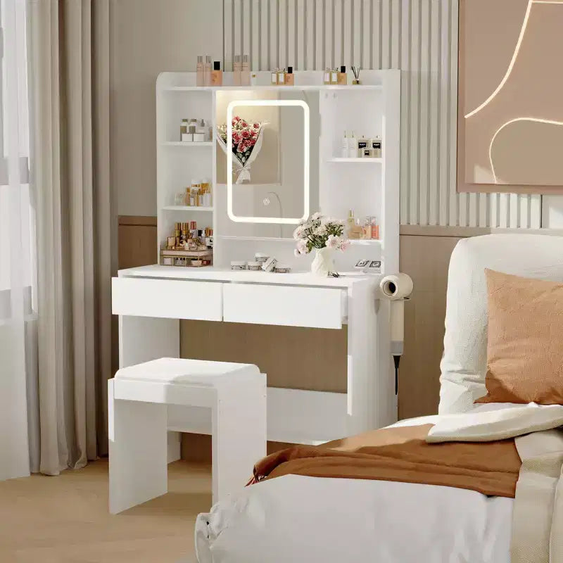 Toeletta con Specchio, Scrivania Trucco con Sgabello Imbottito, Tavolo da Trucco con Cassetti Portaoggetti, Porta Asciugacapelli, Set Toeletta per Camera da Letto