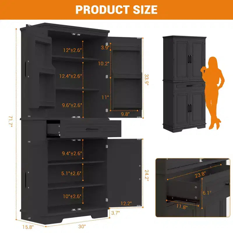 Dispensa alta 183 cm, mobile contenitore da cucina stile rustico con cassetto, 4 ripiani regolabili, 6 ripiani sulla porta, dispensa per sala da pranzo