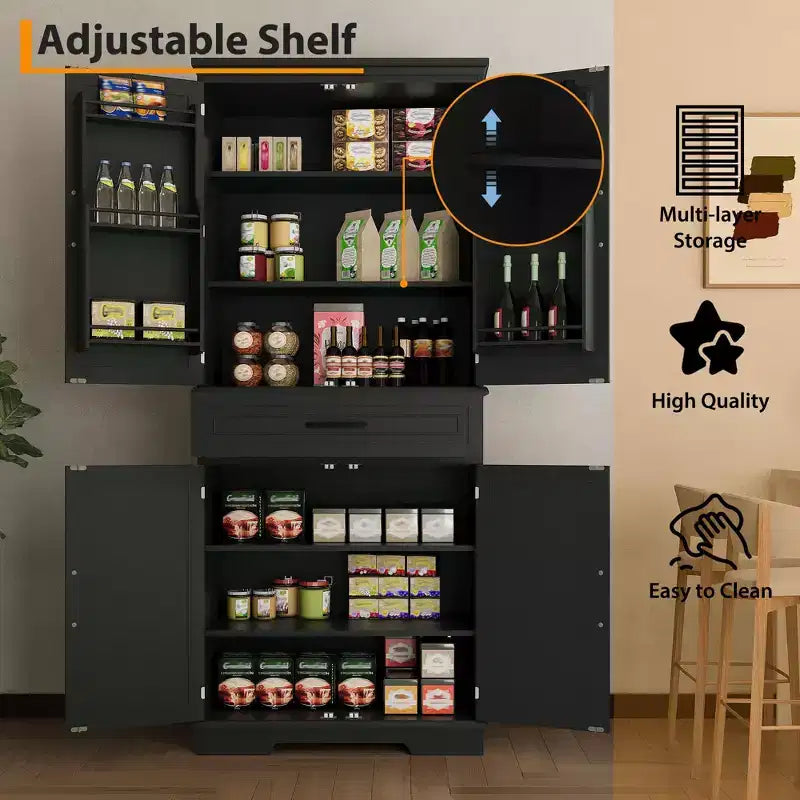 Dispensa alta 183 cm, mobile contenitore da cucina stile rustico con cassetto, 4 ripiani regolabili, 6 ripiani sulla porta, dispensa per sala da pranzo