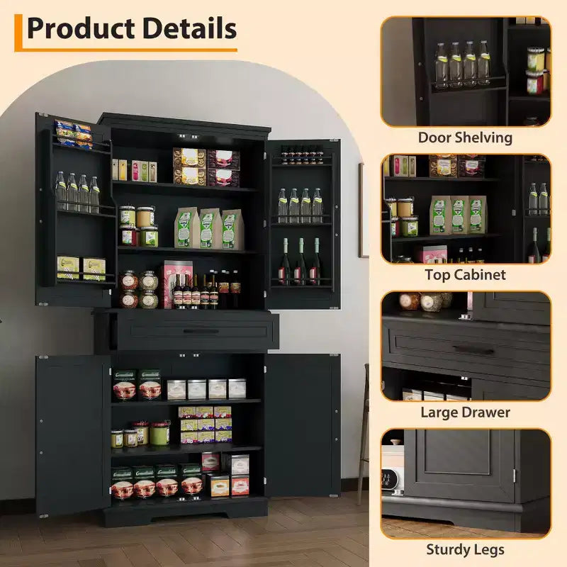 Dispensa alta 183 cm, mobile contenitore da cucina stile rustico con cassetto, 4 ripiani regolabili, 6 ripiani sulla porta, dispensa per sala da pranzo
