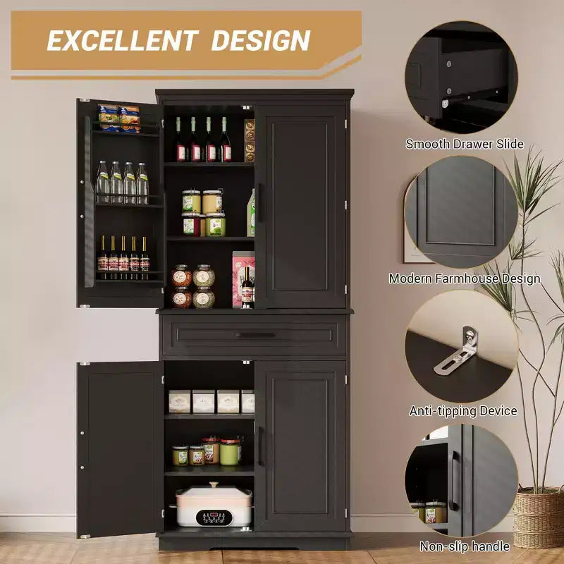 Dispensa alta 183 cm, mobile contenitore da cucina stile rustico con cassetto, 4 ripiani regolabili, 6 ripiani sulla porta, dispensa per sala da pranzo