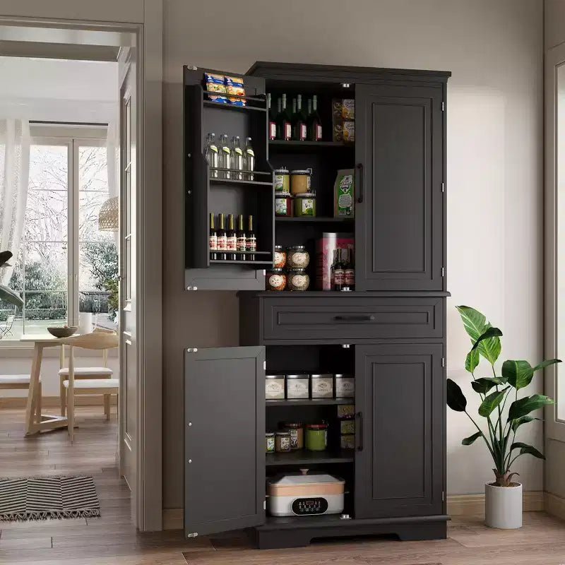 Dispensa alta 183 cm, mobile contenitore da cucina stile rustico con cassetto, 4 ripiani regolabili, 6 ripiani sulla porta, dispensa per sala da pranzo