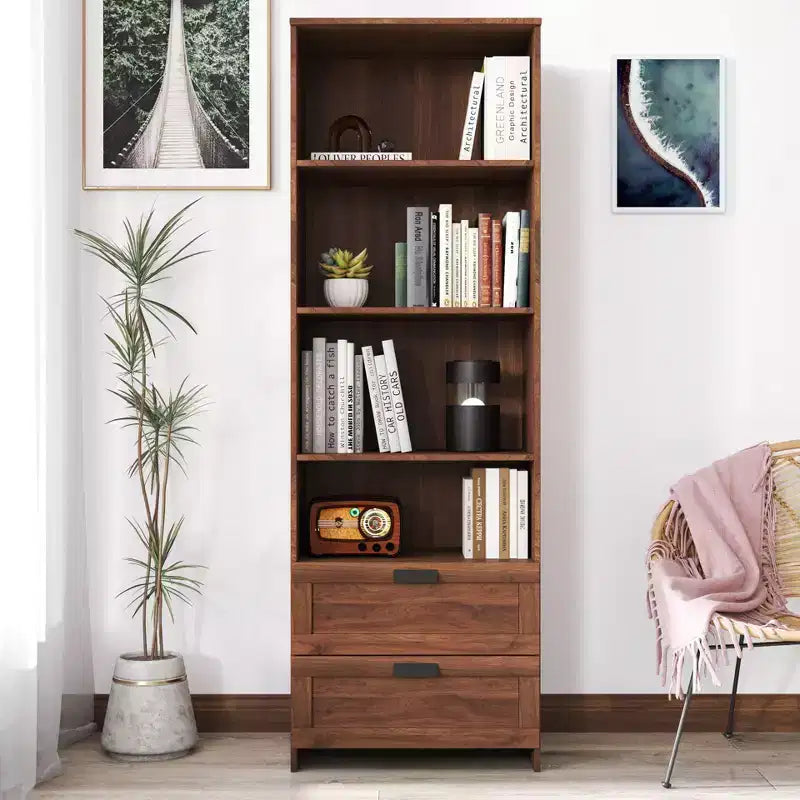MAYEERTY Bookshelf with Drawers 4 Shelf for Home Living Room Walnut