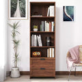MAYEERTY Bookshelf with Drawers 4 Shelf for Home Living Room Walnut