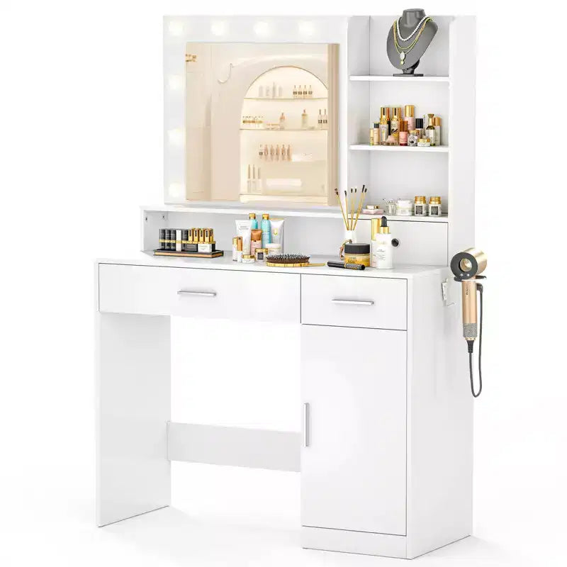 Bestier Vanity Desk with Mirror and Lights, Makeup Dressing Table with 2/3 Drawers Adjustable Shelf Power Outlet Side Rack for Bedroom Dressing Room