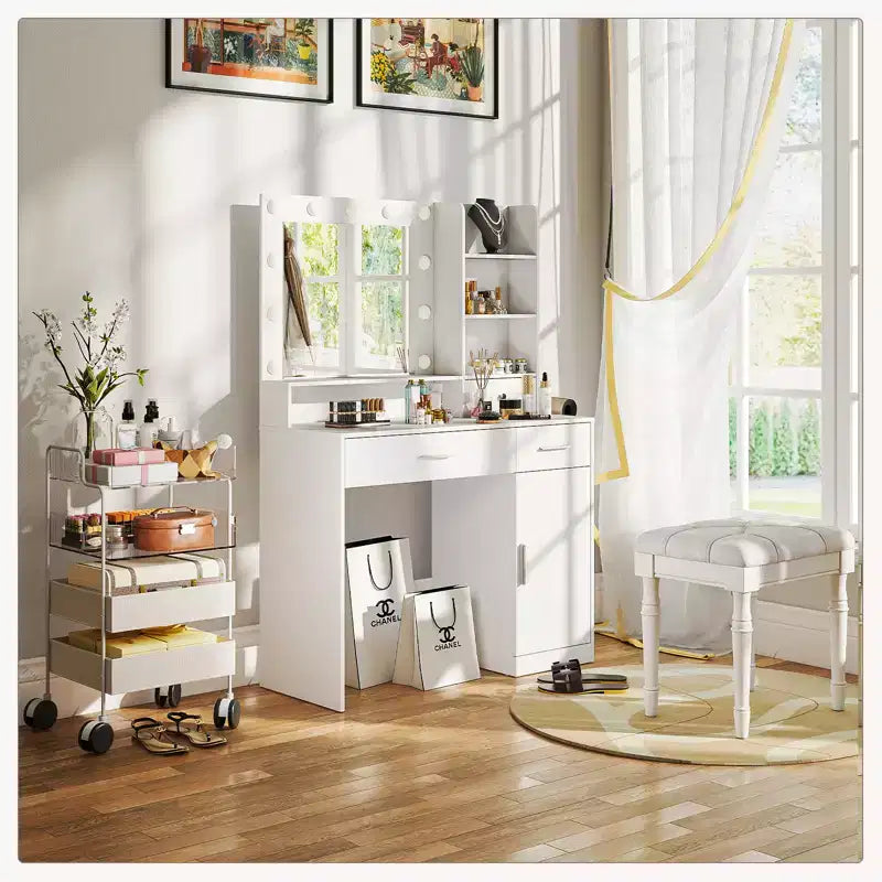 Bestier Toeletta con Specchio e Luci, Tavolo da Trucco con 2/3 Cassetti, Ripiano Regolabile, Presa Elettrica e Scaffale Laterale per Camera da Letto o Spogliatoio