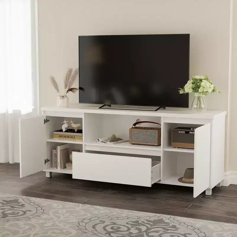 Mobile TV Moderno Scanalato, per TV da 60/65/70 pollici, Centro di Intrattenimento TV con Cassetto, 2 Armadietti e Ripiano Aperto, per Soggiorno, Camera da Letto