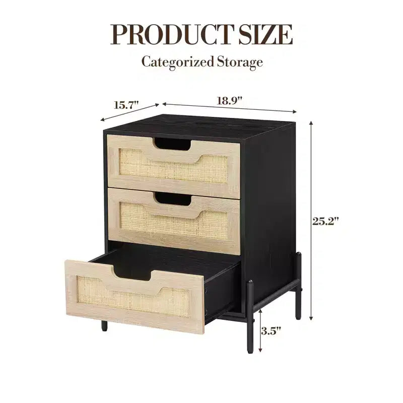 Comodino in Rattan con 3 Cassetti, Comodino Compatto da 48 cm per Piccoli Spazi - Legno Ingegnerizzato e Struttura in Acciaio