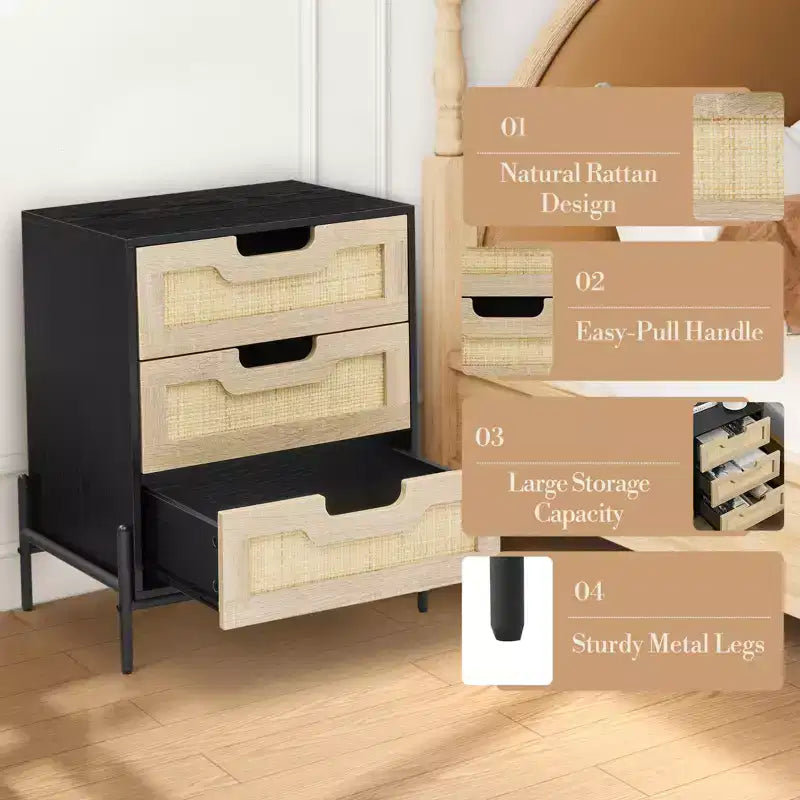 Comodino in Rattan con 3 Cassetti, Comodino Compatto da 48 cm per Piccoli Spazi - Legno Ingegnerizzato e Struttura in Acciaio