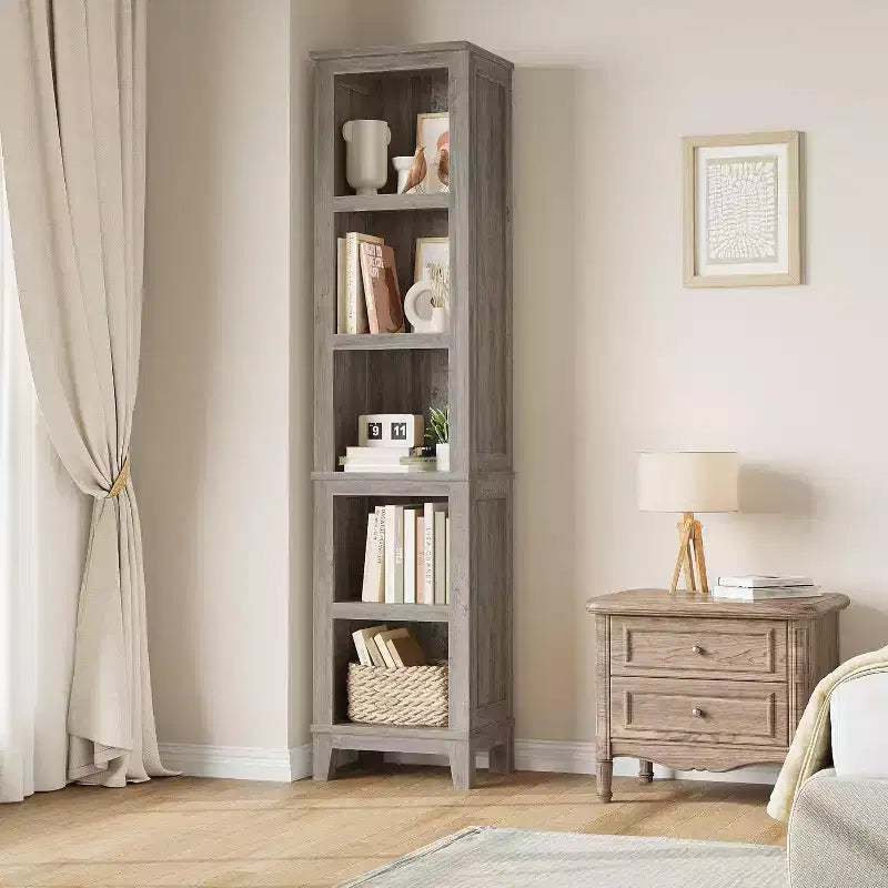 Libreria stretta a 5 ripiani, scaffale in legno stile rustico vintage etagere rovere per ufficio, soggiorno, camera da letto, grigio