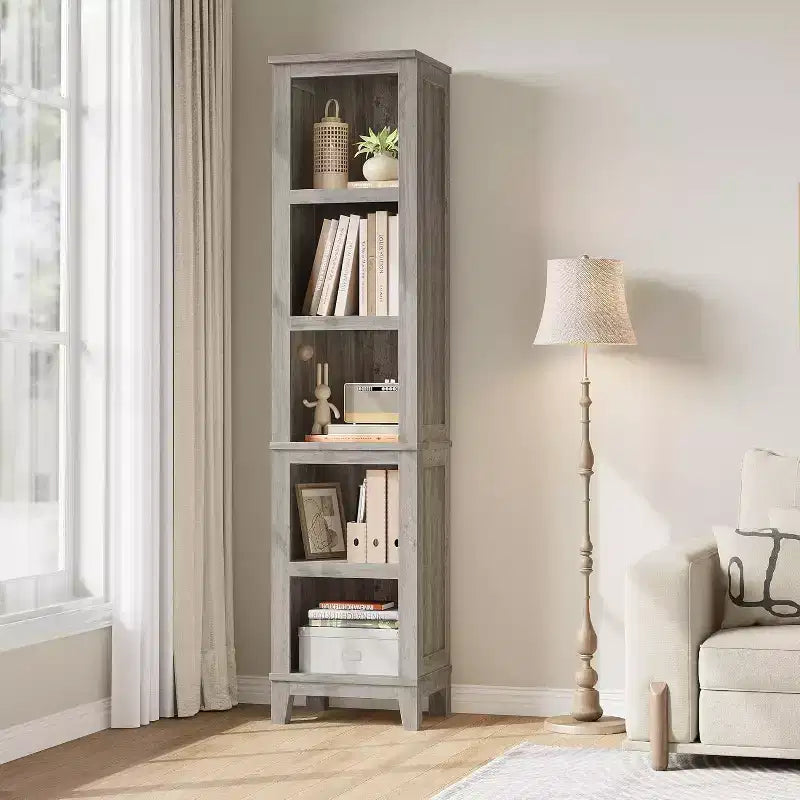 Libreria stretta a 5 ripiani, scaffale in legno stile rustico vintage etagere rovere per ufficio, soggiorno, camera da letto, grigio